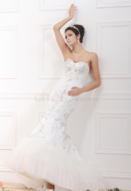 Luxurious Trumpet/Mermaid Floor-Length Sweetheart Strapless Lace Satin Tulle Wedding Dress with Embroidery Rhinestone