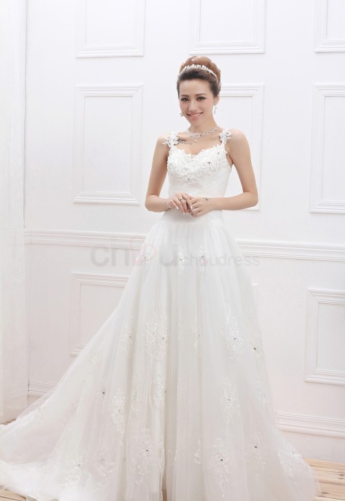 Fantastic A-Line/princess sweetheart Removable Straps Floor-Length tulle Chapel train Wedding Dress with lace beadwork
