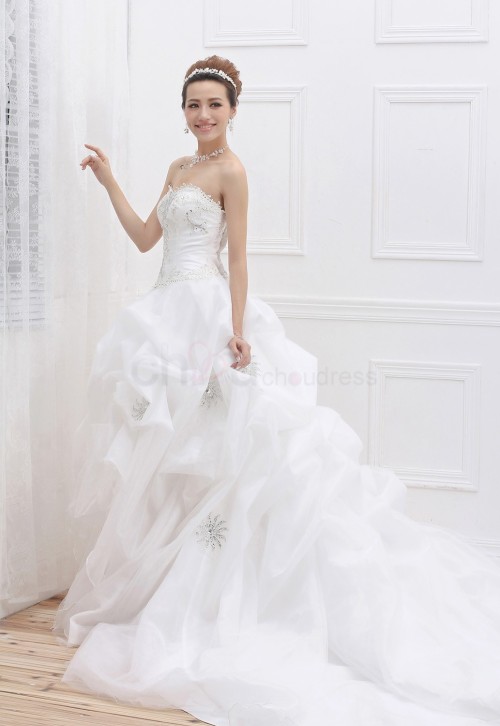 Delicate A-Line/Princess Strapless Court Train Embroidery Satin Lace Wedding Dresses With Tiered Ruffle Beadwork