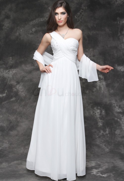 Elegant A-Line/princess One Shoulder Floor-Length Chiffon Wedding Dresses With Pleat Beadwork
